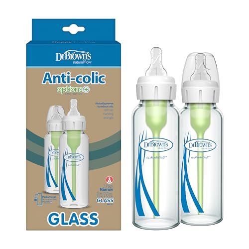 414iv2EhSgL.jpg Dr. Brown’s Natural Flow® Anti-Colic Options+™ Narrow Glass Baby Bottles, 2-Pack, 8 oz/250 mL ( Packaging May Vary ) - Image 1