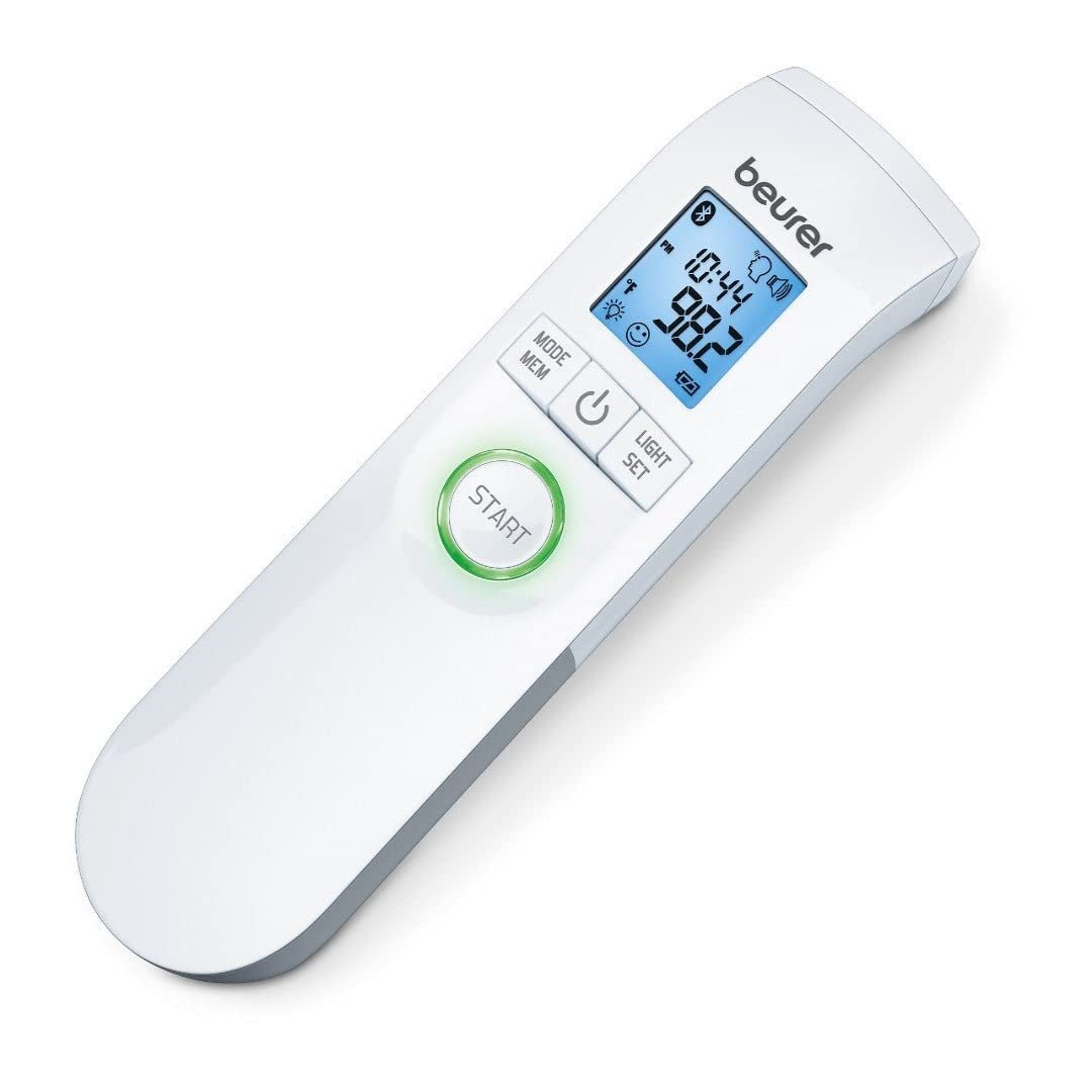 Beurer Bluetooth Non-Contact Thermometer, Forehead, Object, Room Temperature, High Accuracy, XL Blue Illuminated Display, 60 Memory Spaces, White,1 Count (Pack of 1),FT95