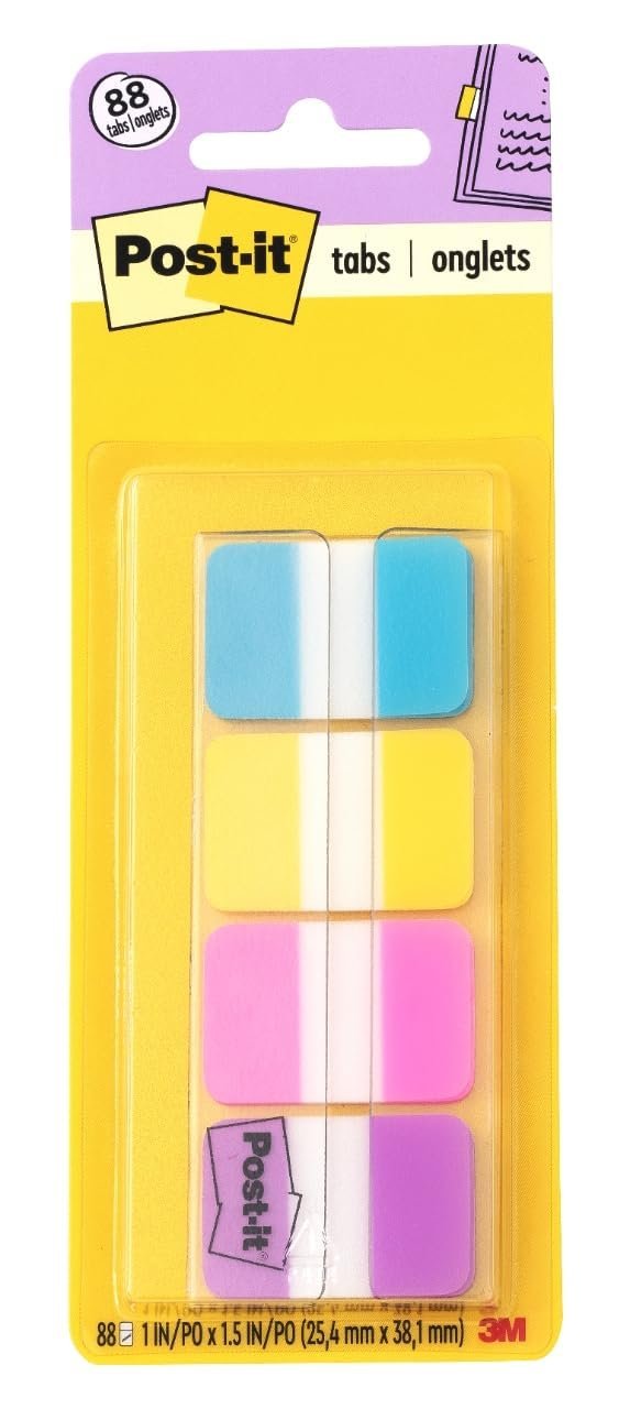 51FqqUBRngL.jpg Post-it Sticky Tabs, 1 in. x 1.5 in., 4 Pads of Book Tabs in Assorted Bright Colors for Bookmarking, Annotating, Reading, and Reminders, Blue, Yellow, Pink, and Purple (88 Total Count) - Image 1