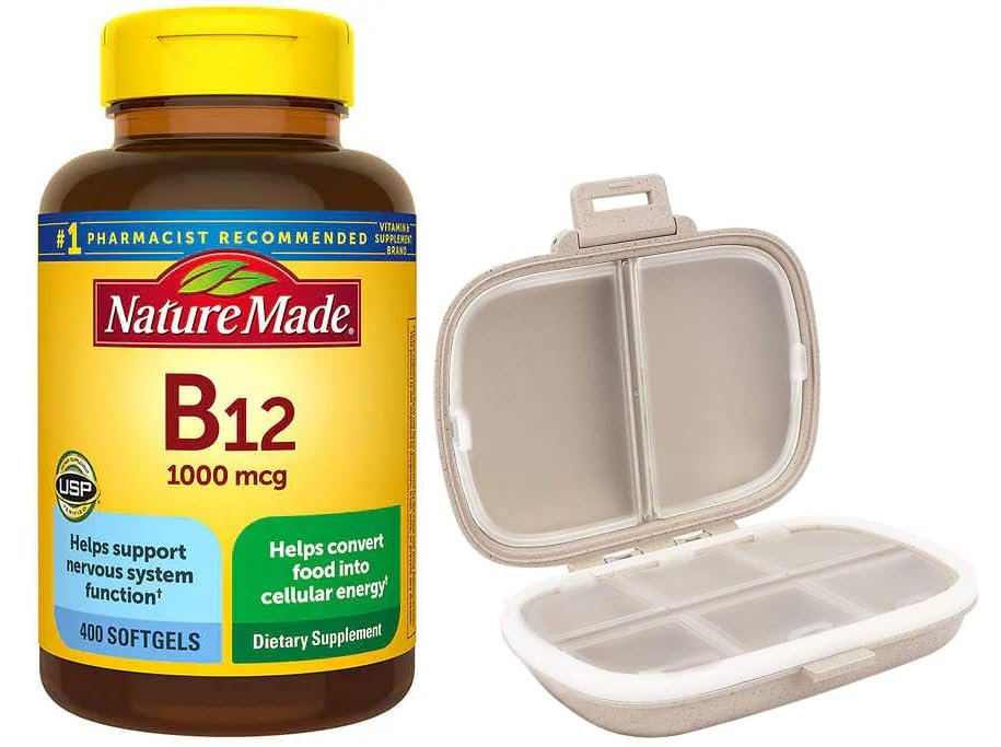 Nature Made Vitamin B12 1000 mcg, 400 Softgels, Bundle with a Travel Pill Organizer, 8 Compartments Portable Pill Case, Color Khaki