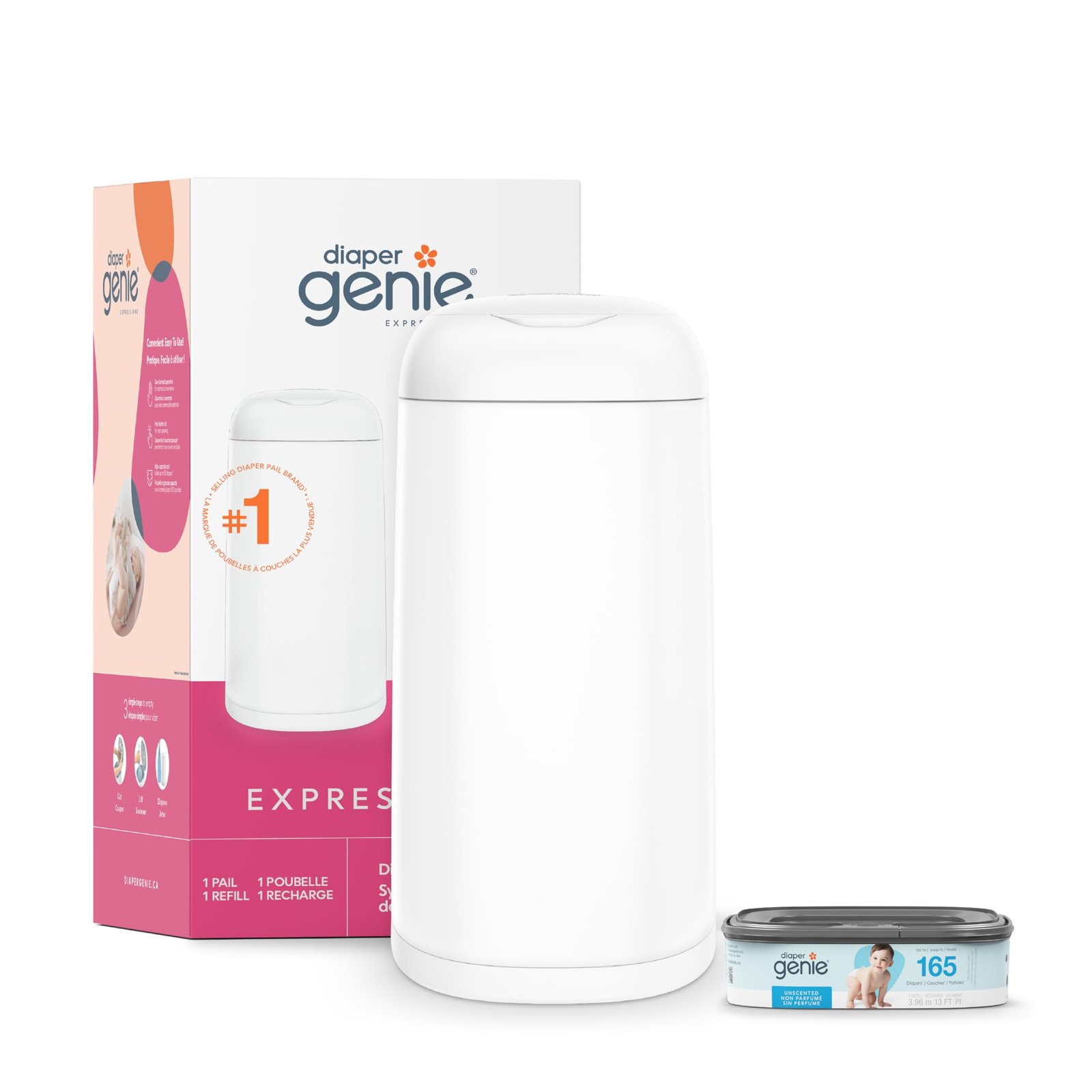 Diaper Genie Expressions Diaper Pail System, White - Includes Diaper Pail Starter Refill