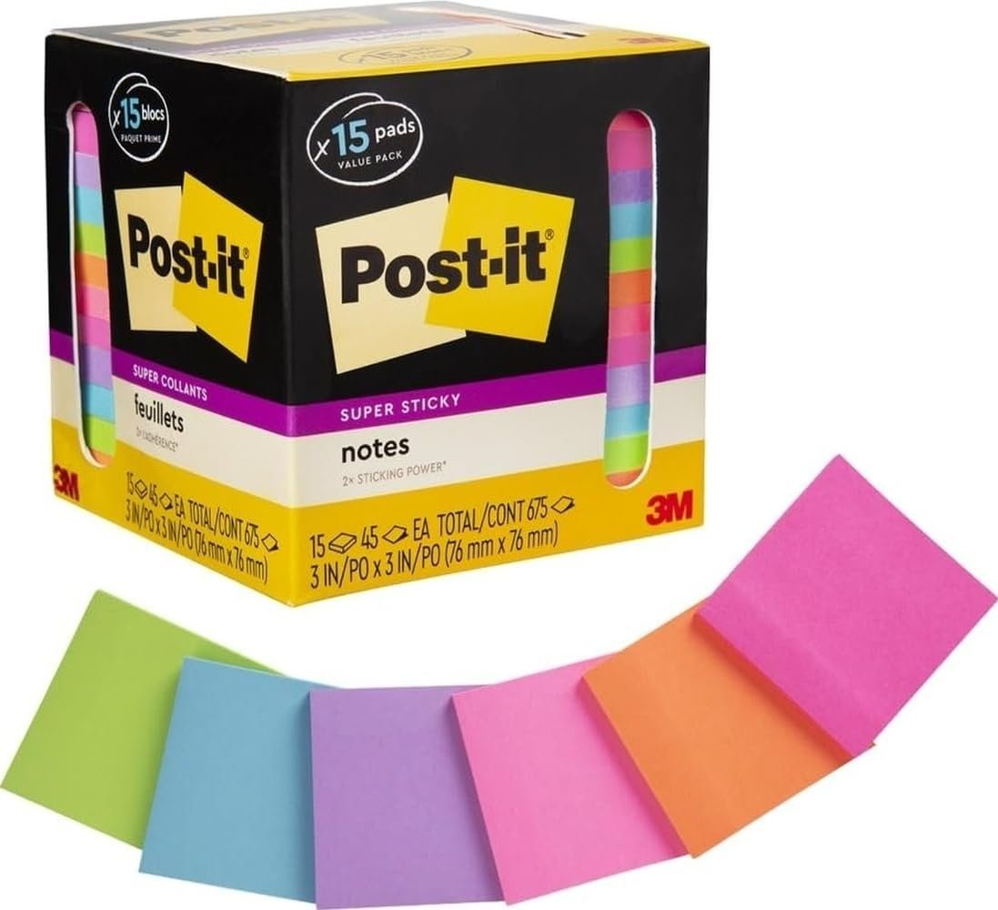 Post-it Super Sticky Notes, 3 x 3 in, Assorted Brights, 15 Pads