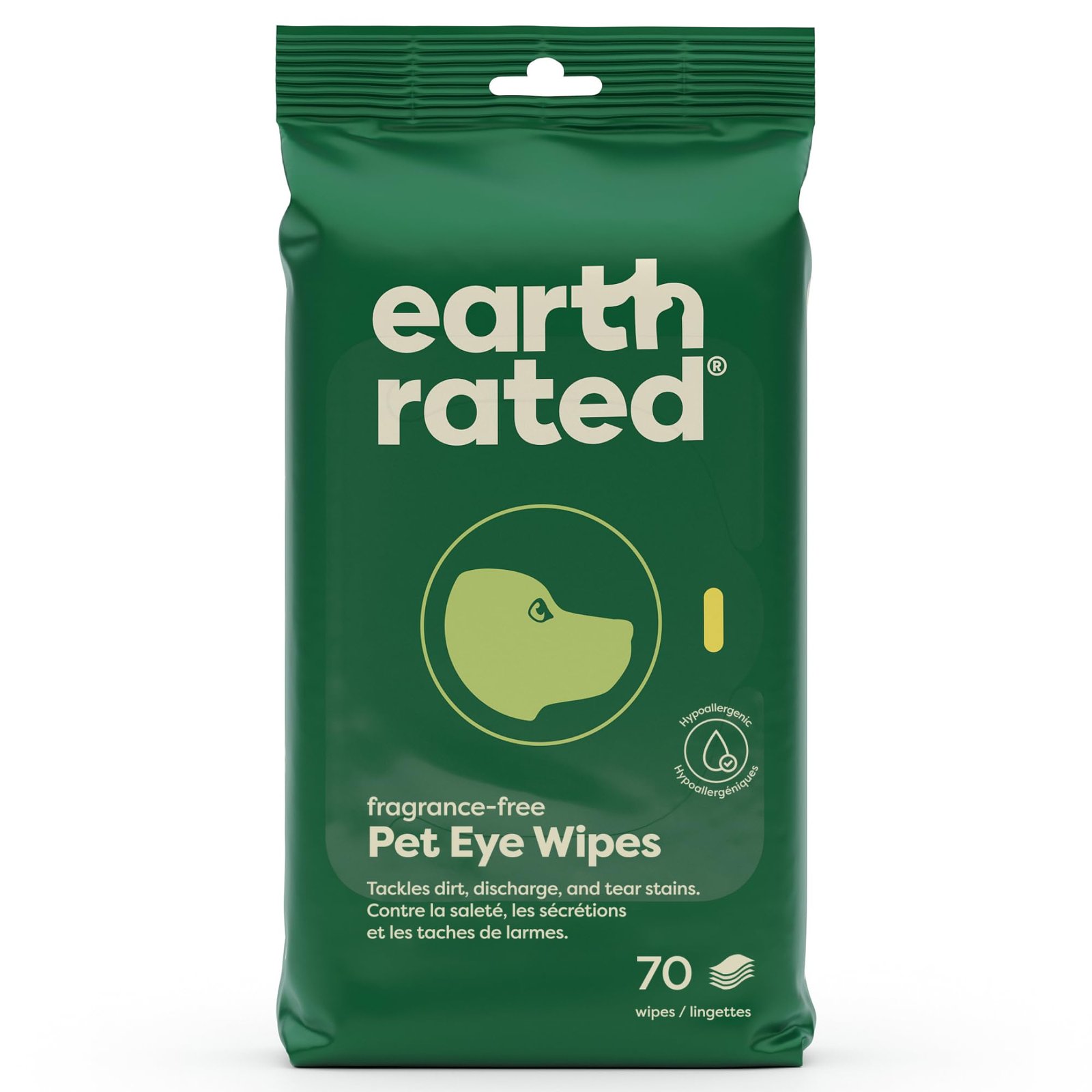 Earth Rated Pet Eye Wipes, Hypoallergenic Eye Wipes for Dogs & Cats to Remove and Reduce Tear Stains & Eye Discharge, Fragrance Free, 70 Count