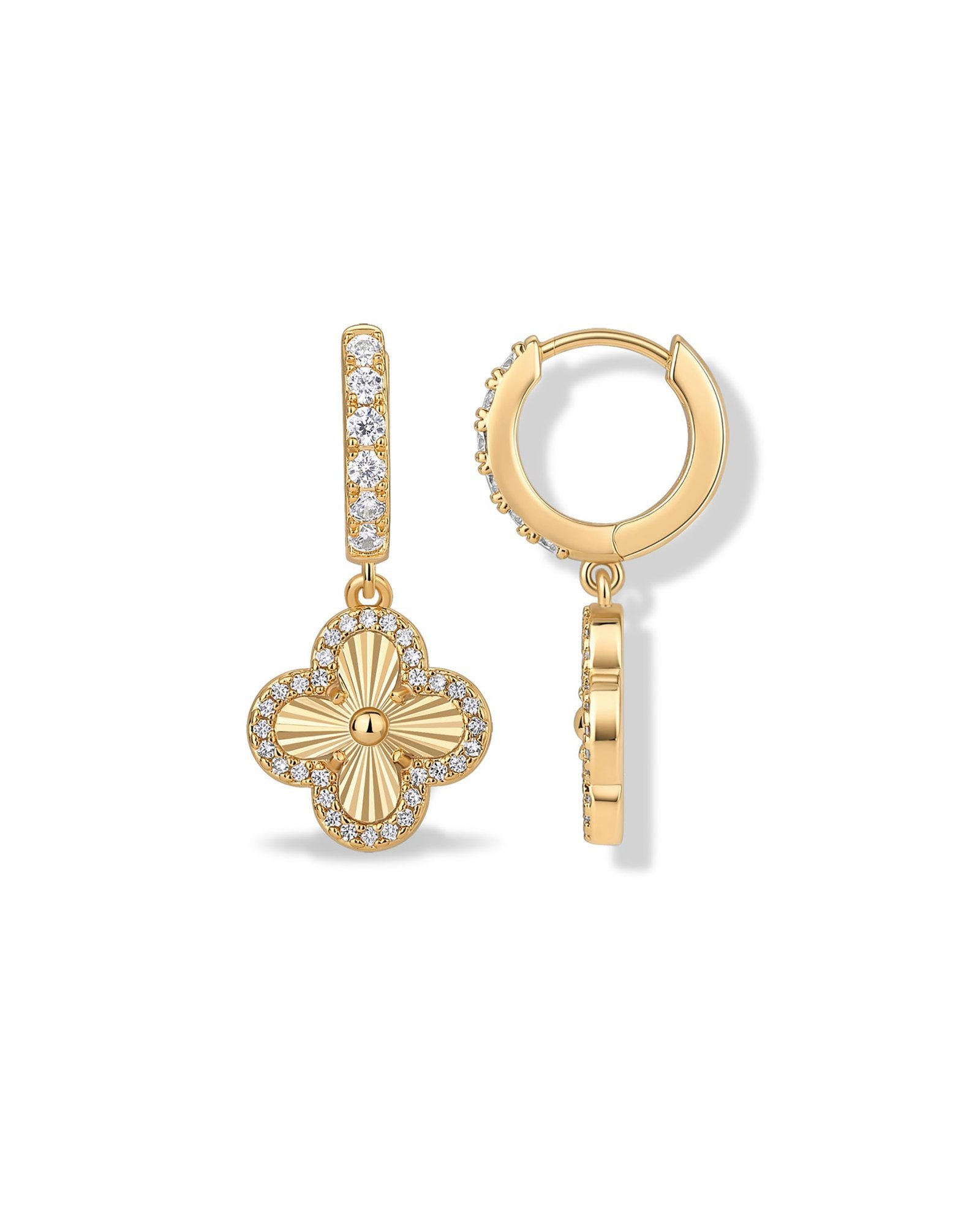 PAVOI Gold Clover Earrings for Women, 14K Yellow Plated CZ Huggie Hoop Drop