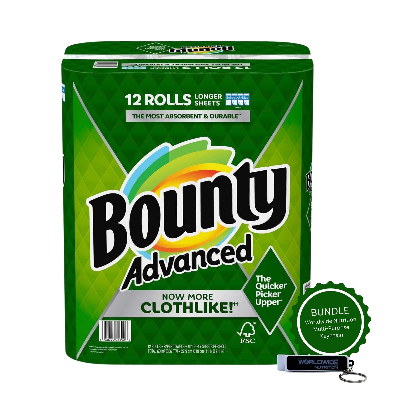 Worldwide Nutrition Bundle Compatible with Bounty Advanced Paper Towel 12 Rolls - Select-A-Size - Superior Absorbency, Strength & Durability - 2-Ply of 101 Sheets Paper Towel Roll Size with Keychain