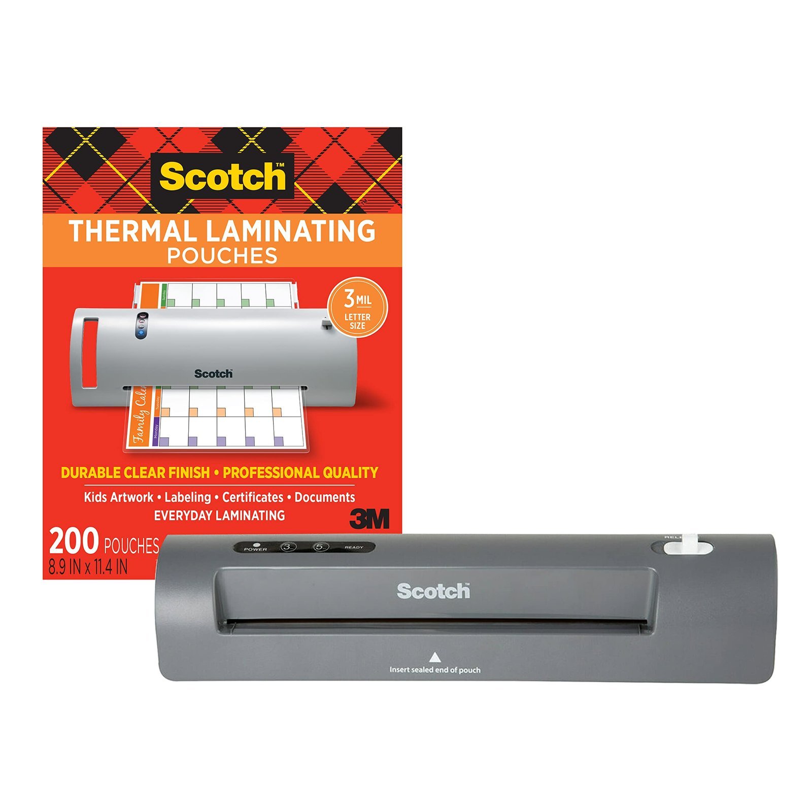 Scotch Thermal Laminator and Pouch Bundle, 2 Roller System, Laminate up to 9" Wide (TL901X) with Scotch Laminating Pouches, 200-Pack (TP3854-200)