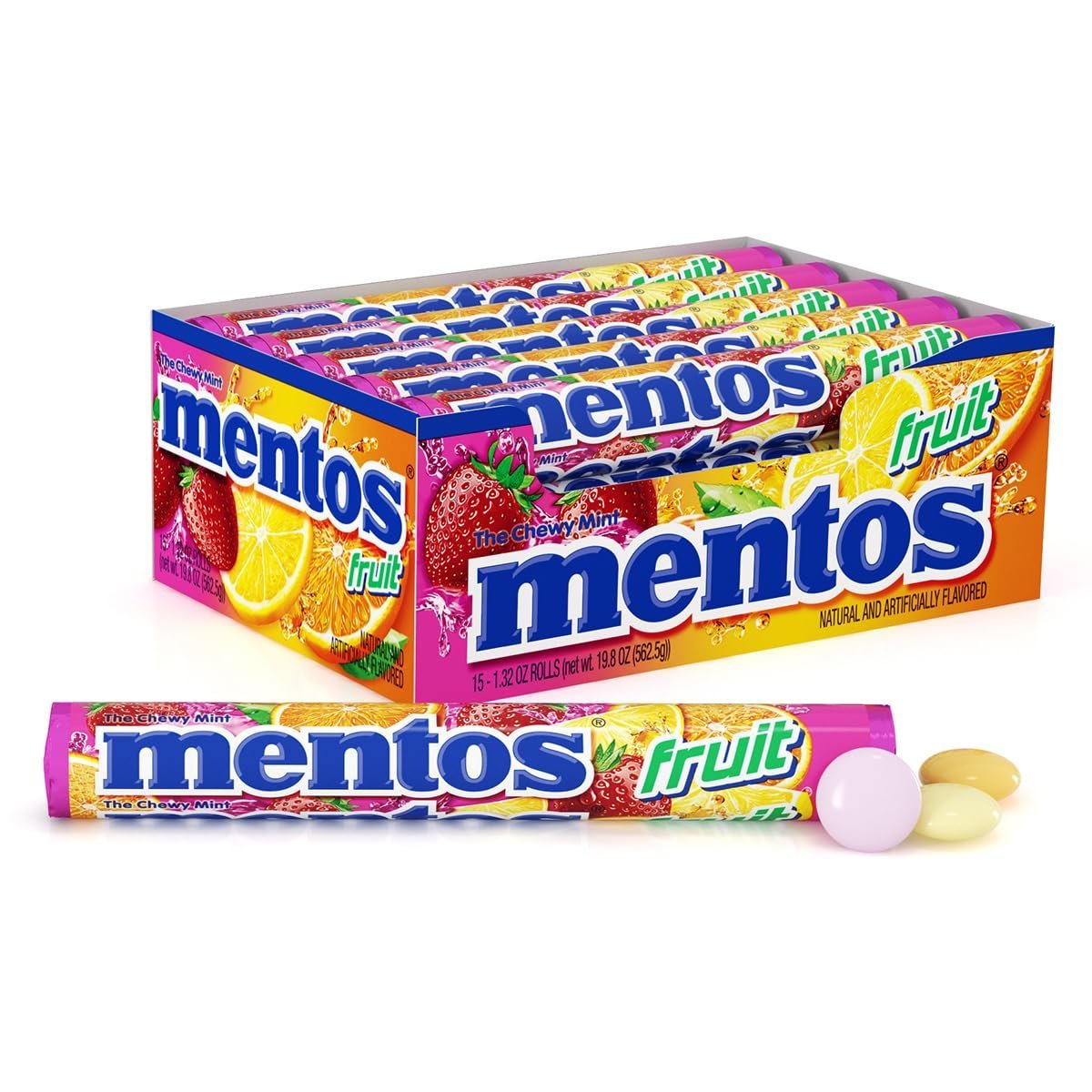 717wZlGZIUL.jpg Mentos Chewy Mint Candy Roll, Fruit, 14 Pieces Per Roll, 15 Count Pack - Image 1