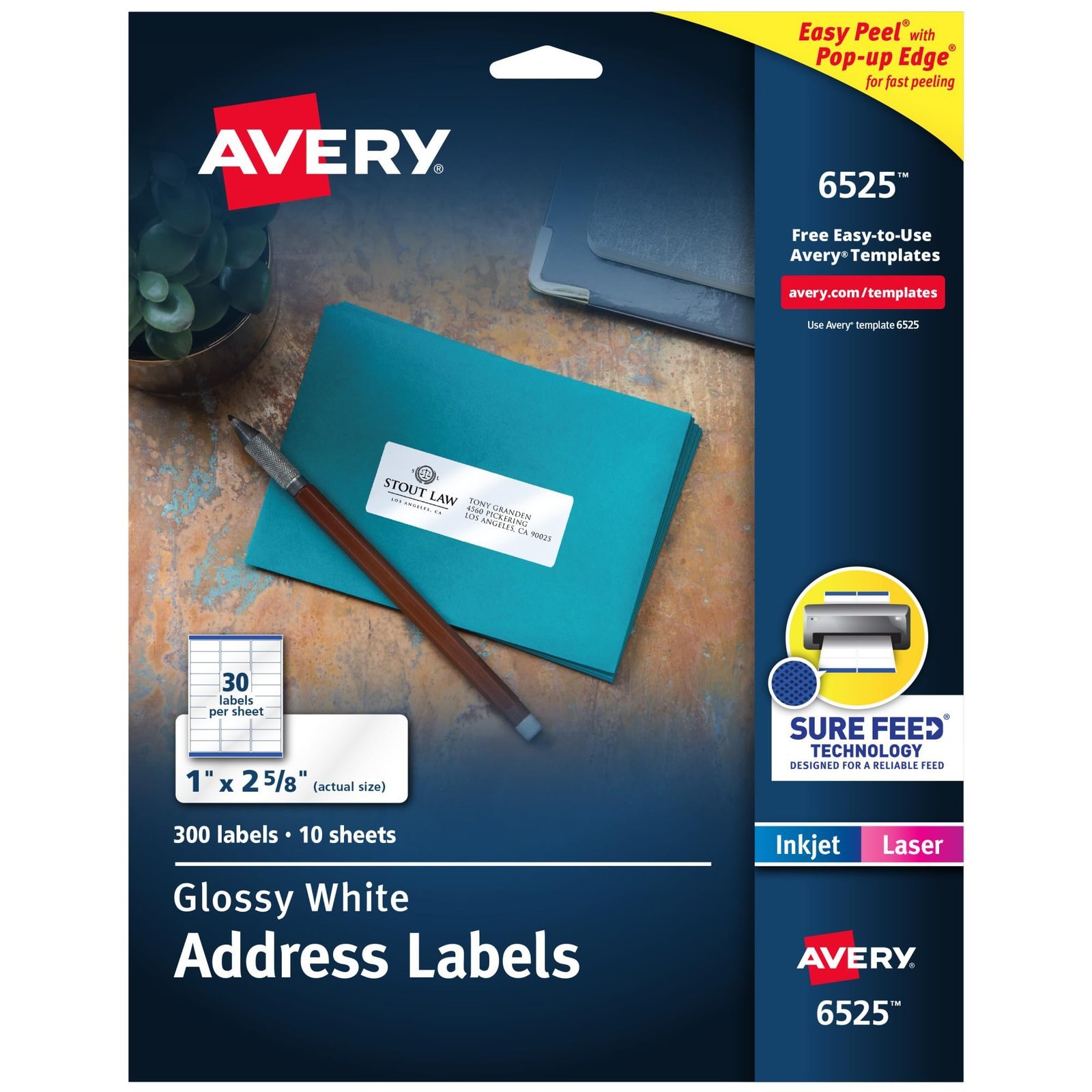 Avery Address Labels, Sure Feed and Easy Peel Technology, Glossy White Labels, 1" x 2-5/8", Permanent Adhesive, Laser/Inkjet, 300 Total (6525)
