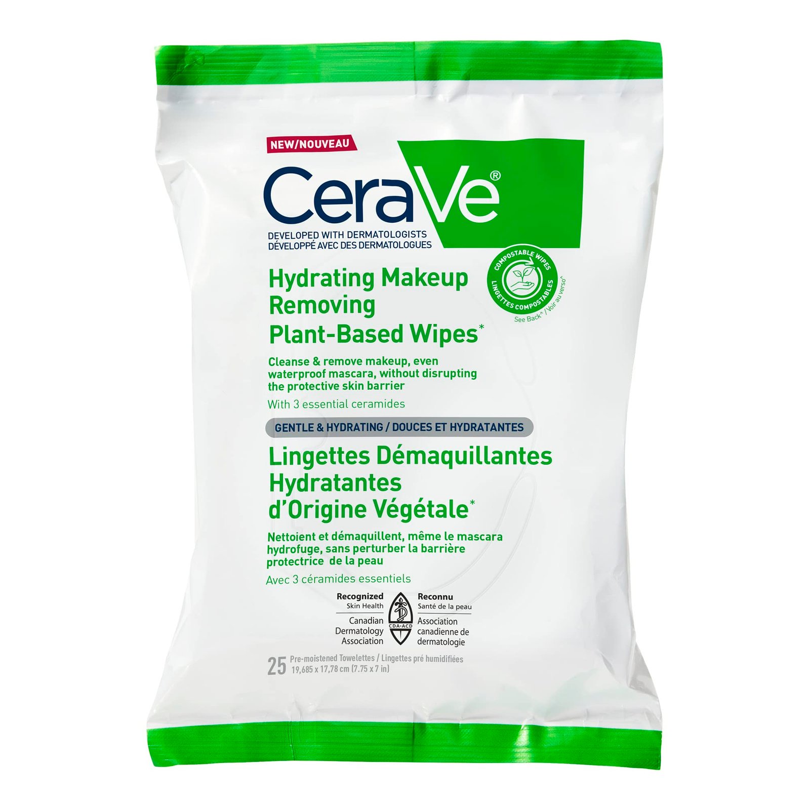 CeraVe Hydrating Makeup Removing Plant-Based 25 Ultra-Gentle Wipes | Cleanses Waterproof Mascara, Hydrates and Removes makeup | With 3 Essential Ceramides | Developped with Dermatologists