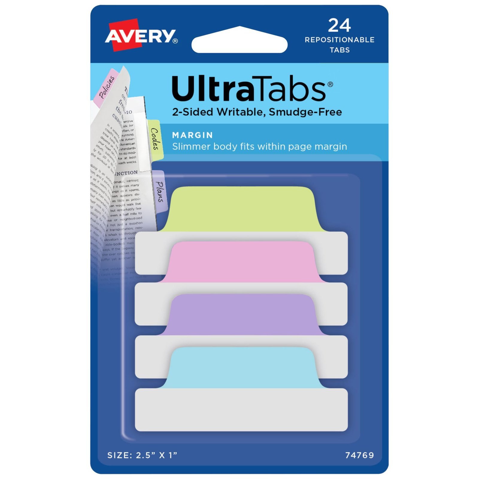 Avery® Margin Ultra Tabs®, 2.5" x 1" Repositionable, 24 Pastel Tabs