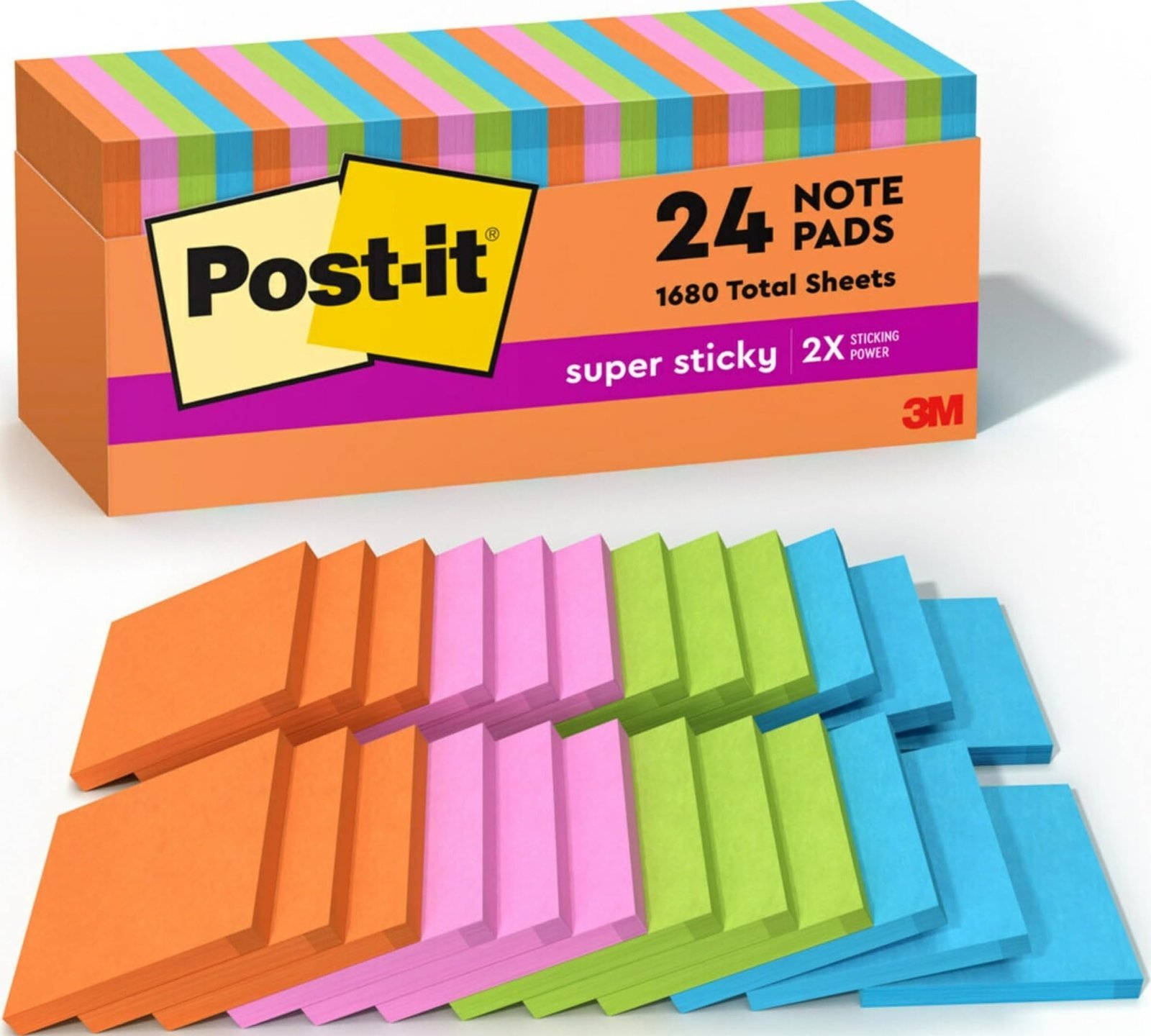 71GisCsm84L.jpg Post-it Super Sticky Notes, 3 x 3 in, Neon Fizz, 24 Pads, 70 Sheets/Pad - Image 1