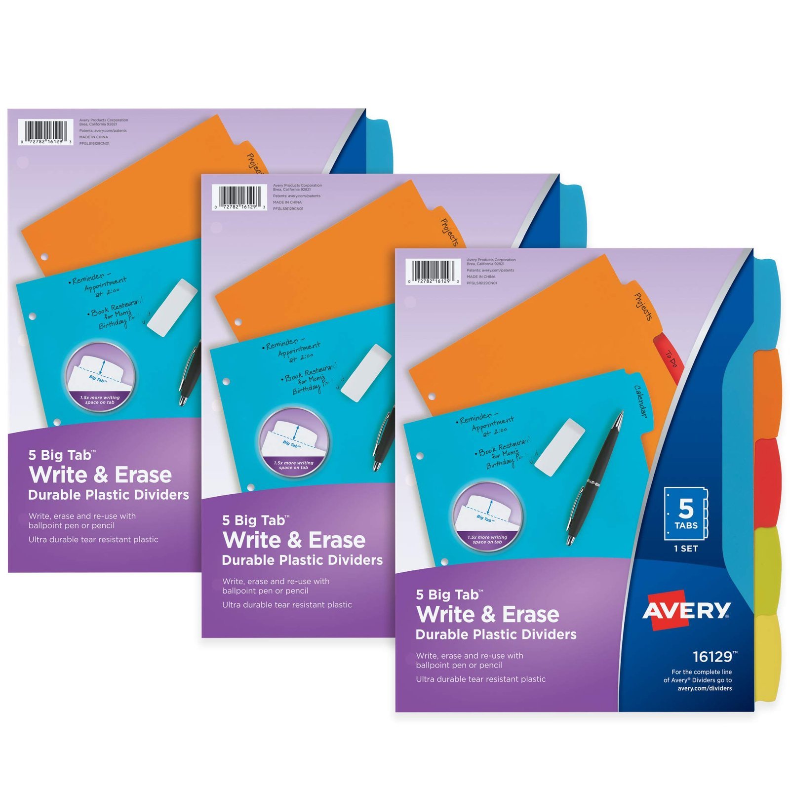 Avery Write & Erase Plastic Dividers, 5-Tab, Multicolor, 3 Sets