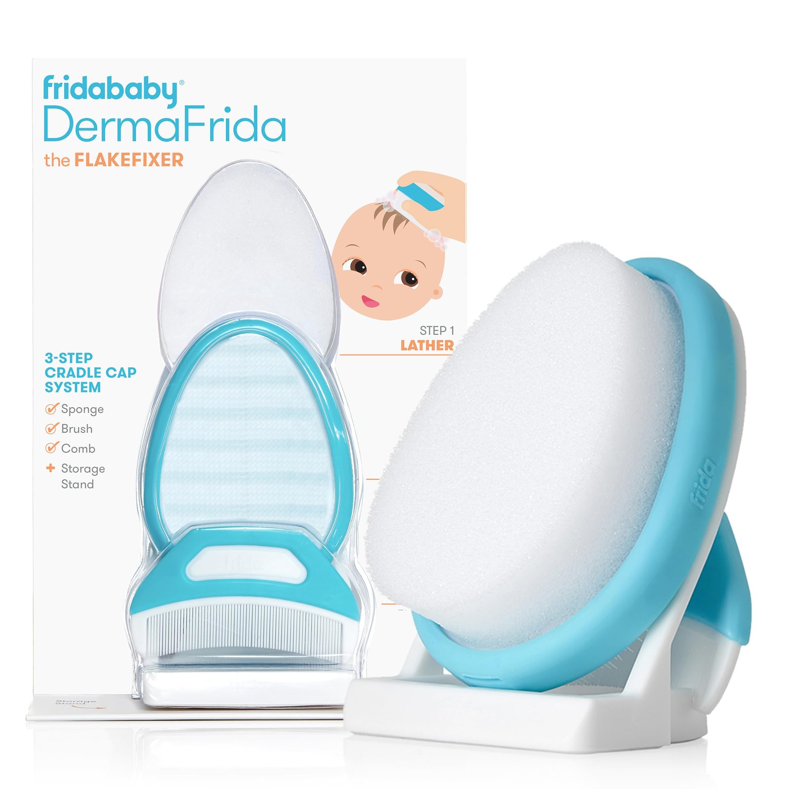 The 3-Step Cradle Cap System by Fridababy | DermaFrida the FlakeFixer | Sponge, Brush, Comb and Storage Stand for Babies with Cradle Cap
