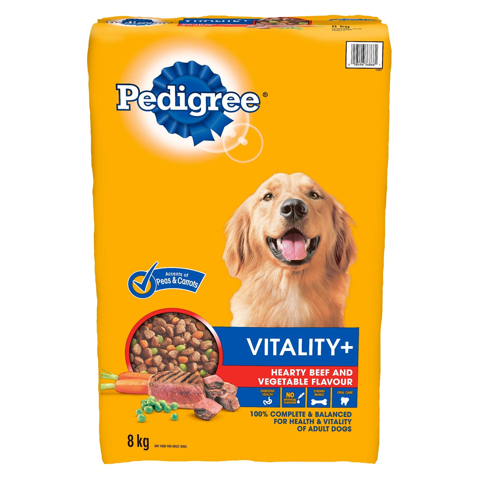 PEDIGREE VITALITY+ Adult Dry Dog Food, Hearty Beef and Vegetable, 8kg Bag