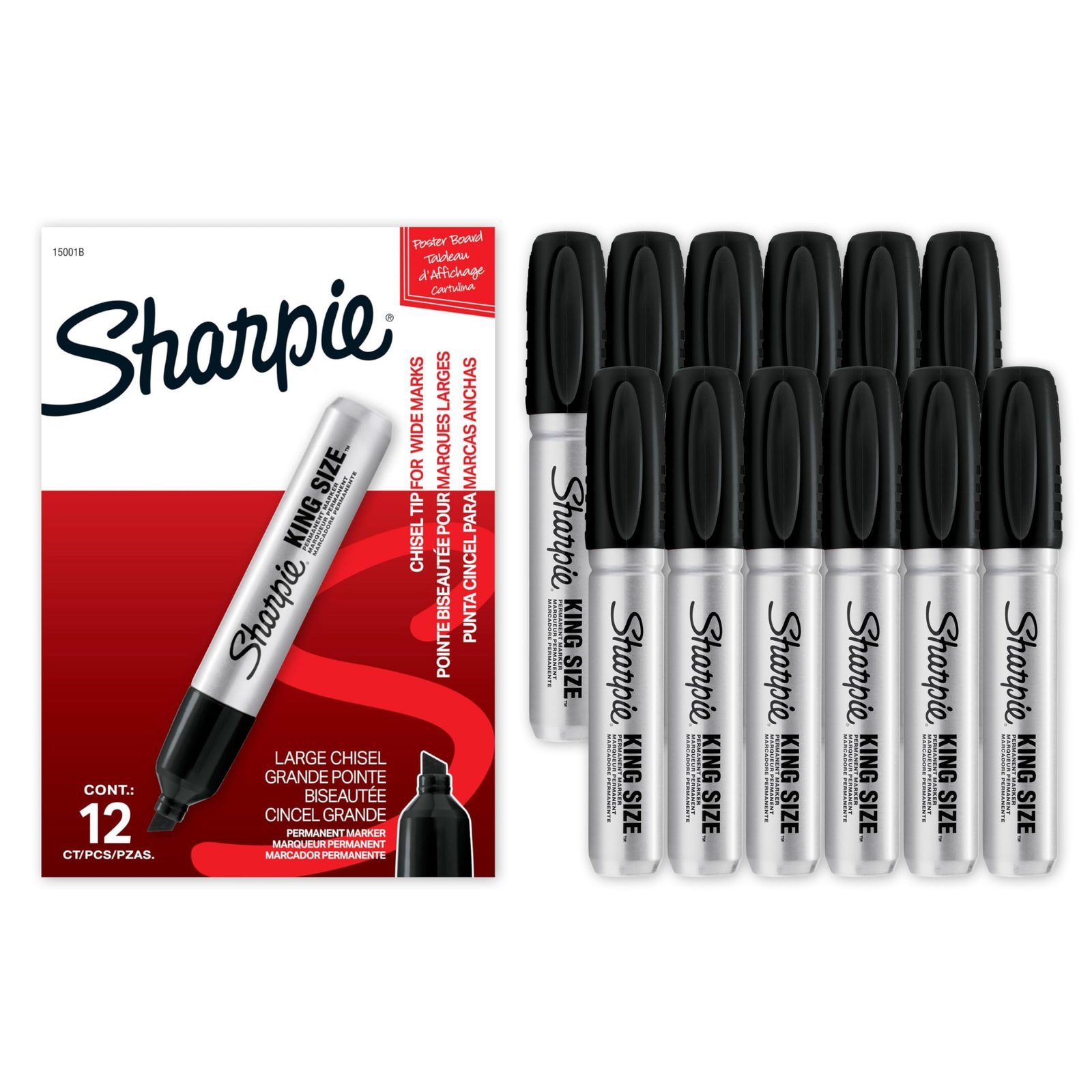 Sharpie King Size Permanent Markers, Chisel Tip, Black, 12 Count - Thick Poster Markers, Heavy Duty For Work & Industrial Use, High Capacity Ink Supply, For Paper, Metal, Plastic, And More