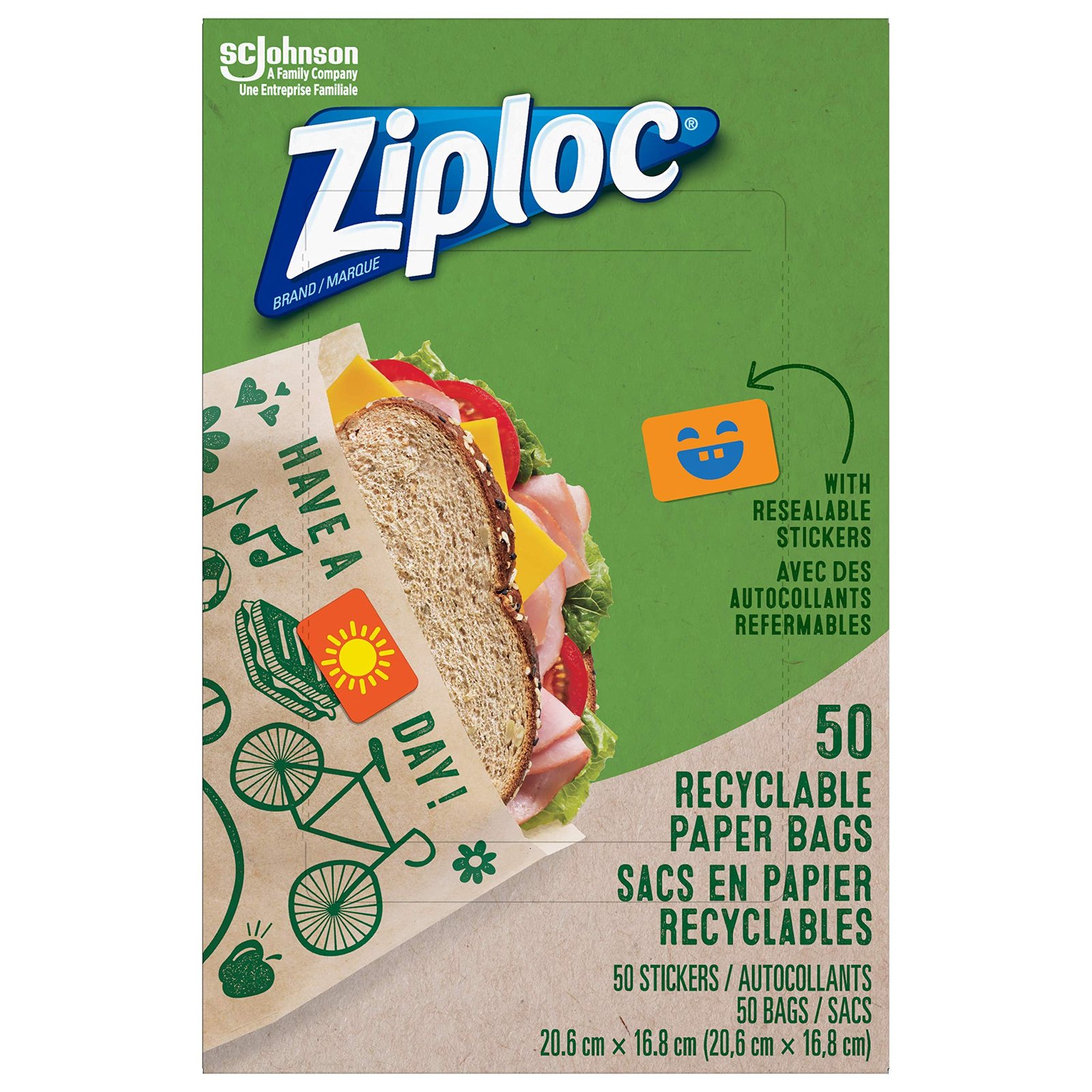 Version 1.0.0 Ziploc Paper Sandwich & Snack Bags, Recyclable & Sealable with Fun Designs, 50 Count - Image 1